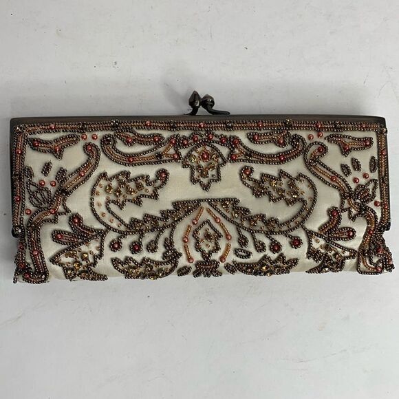 Moyna Handbags - Moyna Couture beige silk beaded and crystal chain clutch